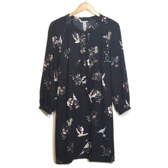 H&M Floral Bird Print V Neck Tie Neck Long Sleeve Black Shift Dress Size 12 - Picture 2 of 14